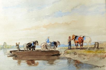 Jules Jacques VEYRASSAT (1828-1893) 
Le Bac - Towing horses
Two watercolours, signed...