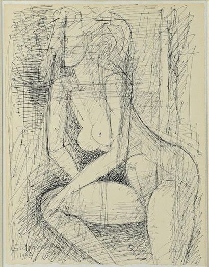Marcel GROMAIRE (1892-1971) 
Nu assis, 1958
Dessin à l'encre, signé et daté en bas...