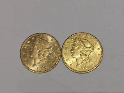 
2 pièces de 20 dollars or datées 1900 et...