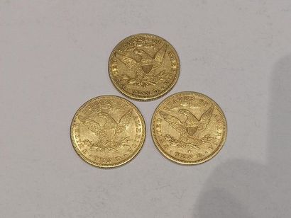 
3 pièces de 10 dollars or datées 1879, 1882,...