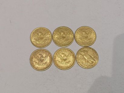null 
6 pièces de 5 dollars or datées 1881 x2, 1893, 1895, 1901, 1912


Frais 15...