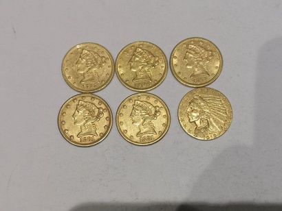 
6 pièces de 5 dollars or datées 1881 x2,...