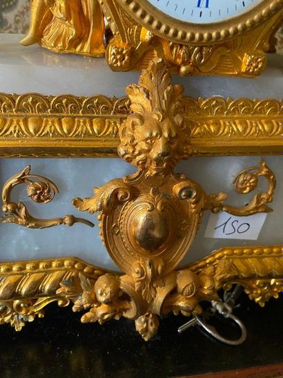 null Mantel set, Clock with allegory decoration in gilded bronze, on base. Candelabra...