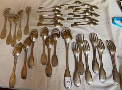 null Set in silver 950 °/°°°° including a suite of 6 violin cutlery model with nets,...