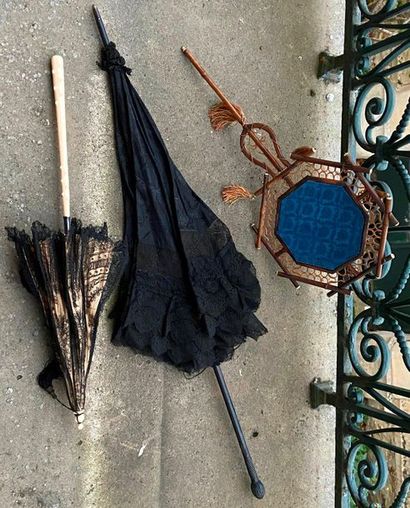 null Lot including 2 black lace parasols and a miniature hand-made screen lined with...