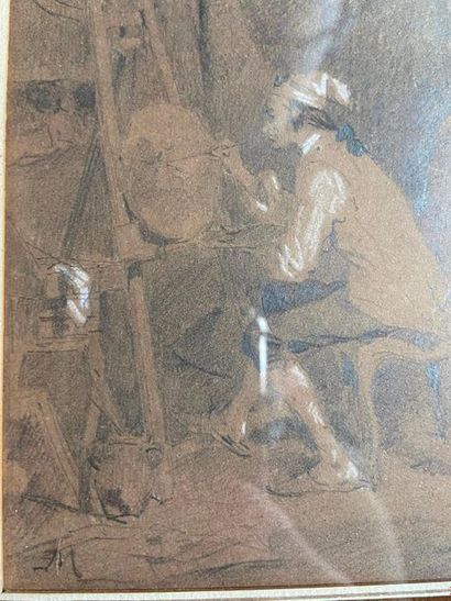 null Peintre à l'atelier

pierre noire et craie sur papier

Porte un monogramme EM...