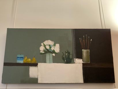  P.G. LANGUAGE 
Still life with brushes 
Oil on canvas signed lower right 
60 x 120...