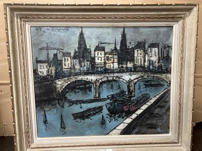  City view at the port 
Oil on canvas 
Signature plate top left G. HINYLAND and dated...