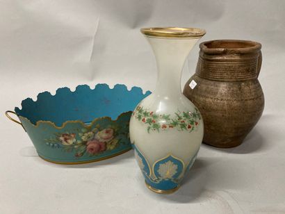  Enamelled glass vase, a terracotta pitcher...