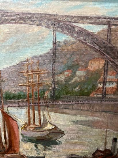  Viaduct and port 
Oil on canvas 
Signature door at bottom left H. E. Huguenin 
56...