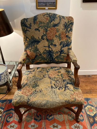 Armchair in natural beech, partly Regency, upholstered with fine stitch wallpaper...