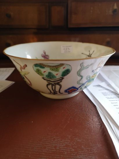 null 
CHINA Porcelain bowl, polychrome decoration of precious objects

Red mark on...