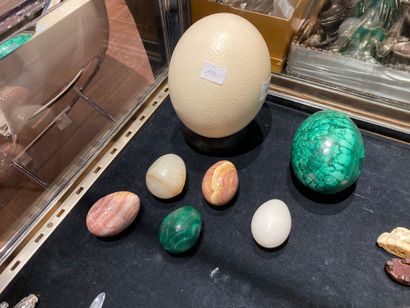  Batch including hard stone eggs and an ostrich...