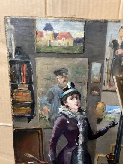  Woman in the workshop 
Oil on canvas 
Signature door bottom left Deligny 
56 x 33...