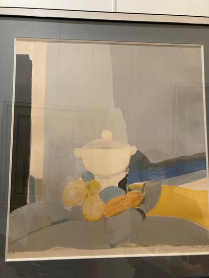 R. MUHL 
Still life with tureen 
Lithograph,...