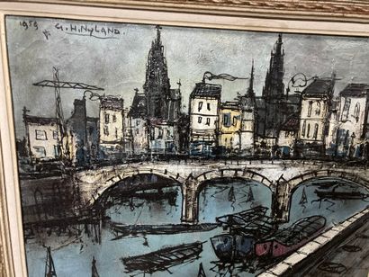  City view at the port 
Oil on canvas 
Signature plate top left G. HINYLAND and dated...