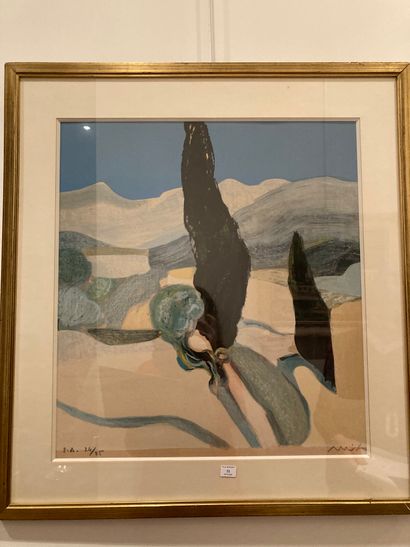  R. MUHL 
Paysage au cyprès 
Lithographie, épreuve d'artiste n°24/25 
56 x 51 cm