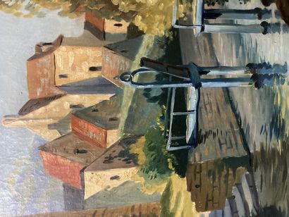 null 
Village view - Market view




Pair of oils on canvas



Signature door bottom...
