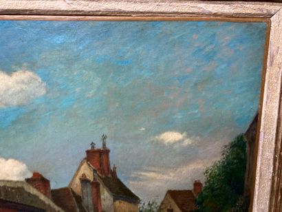  School 1900 
Village view from the tower 
Oil on canvas 
Signed lower right 
46...