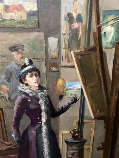  Woman in the workshop 
Oil on canvas 
Signature door bottom left Deligny 
56 x 33...