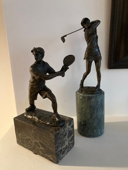 Golfer and tennis player 
Two modern bronzes signed Milo at the base 
H: 31 - 25...