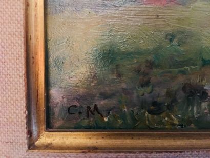  School Xxth century 
View of flowered countryside 
Oil on panel, monogrammed bottom...