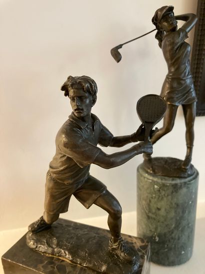  Golfer and tennis player 
Two modern bronzes signed Milo at the base 
H: 31 - 25...