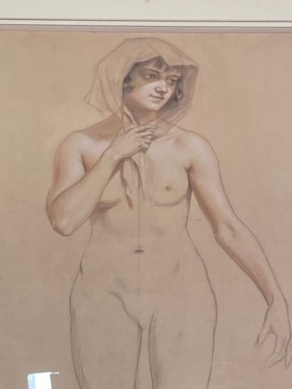  HENRI BOUVET (1859-1945) 
Femme nue au fichu 
Pierre noire, sanguine et craie blanche,...