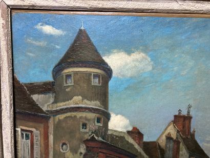 null School 1900

Village view from the tower

Oil on canvas

Signed lower right

46...