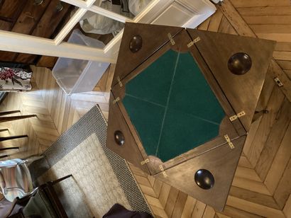 null 
veneer game table with marquetry decoration, square spacer, tapered legs on...