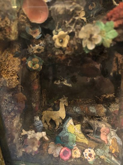  Diorama in watercolour cut-out engraving representing a nativity in a rockery decor...