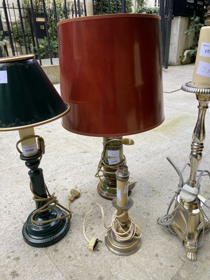 null Set of 5 lamp bases, three in metal, one in sheet metal, and one in marble-like...