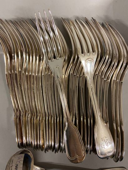 null 
Set of silver-plated metal cutlery including: twelve large forks and twelve...