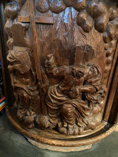 null Pair of carved and moulded oak pulpit elements depicting a religious scene 

Around...