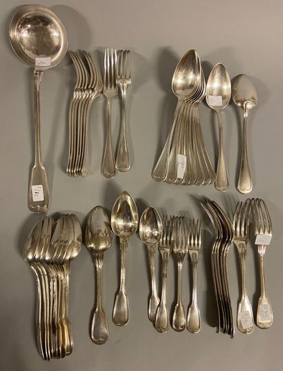 null 
Silver plated metal set including 9 forks and 10 table spoons, net model. Goldsmith...