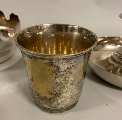 null 
Silver plated metal set including a small planter or glass cooler (19 x 15...