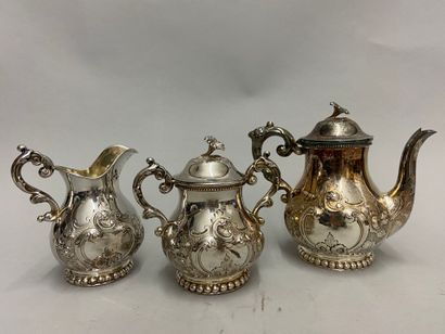 null 
Silver sugar bowl, milk jug and sugar bowl with repoussé decoration of rockeries...
