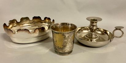 null 
Silver plated metal set including a small planter or glass cooler (19 x 15...