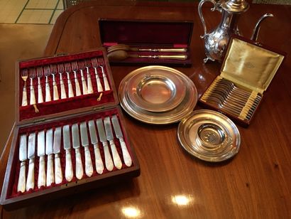 null Lot of silver plated metal: mother-of-pearl service (chips) 12 fruit dishes,...