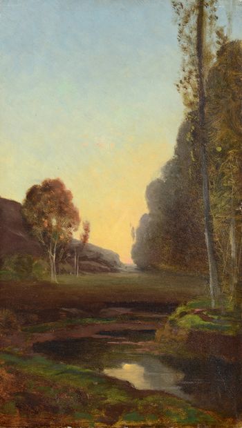 null Attribué à Louis FRANÇAIS (1814-1897)

Paysage au crépuscule

Huile sur panneau,...
