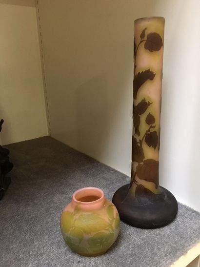 null GALLE. Vase soliflore à fond rose décor de végétaux(H : 34 cm) et vase ovoïde...