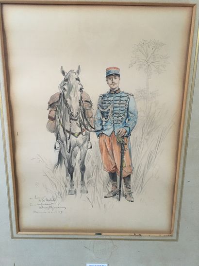 null ATTRIBUÉ À ADRIEN EMMANUEL MARIE**(1848-1891)**Lieutenant avec son cheval**Signé,...