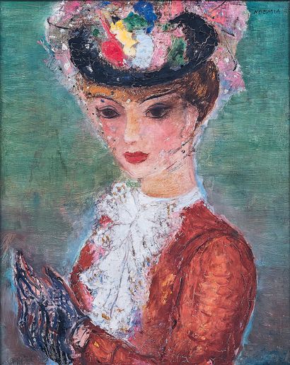 Noemia MOURAO (1912-1992) Portrait de femme au chapeau à voilette
Huile sur toile,...