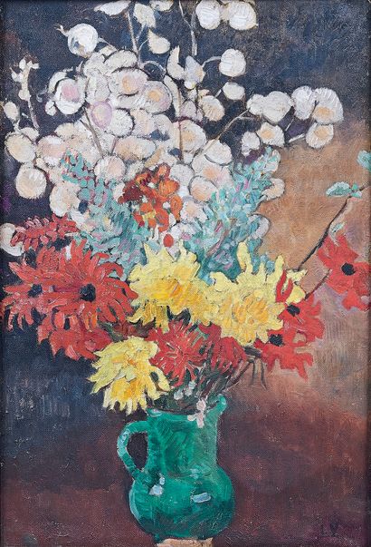 Louis VALTAT (1869-1952) Cruche verte, dahlias et fleurs, 1929
Huile sur toile, porte...
