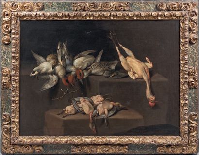 Evaristo BASCHENIS (Bergame 1617-1677) Poultry on an entablature
Canvas.
90,5 x 125,5...