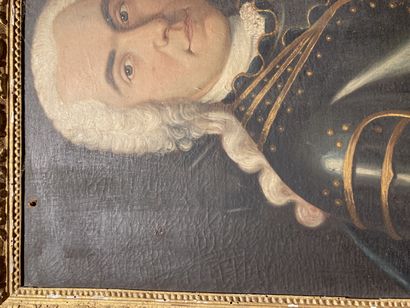null 
Homme en armure Huile sur toile Baguette décor Bérain, Epoque Louis XIV

72...