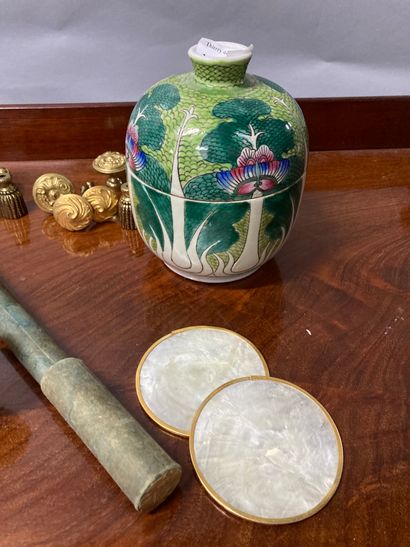 null Set of trinkets including glass vase, porcelain pot, hard stone seal, empty...
