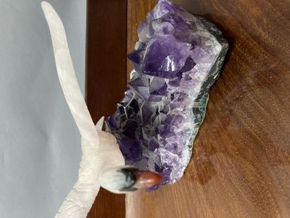 null Set of 3 empty hard stone pouches, one amethyst decorated with a hard stone...