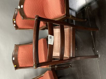 null Four gondola chairs, red upholstery and a chair with a barred back.

H: 81 cm...