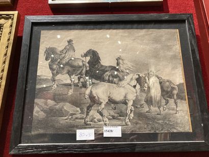 null 
Lot de 5 gravures : Septembre, deux avec chevaux d'après Géricault, paysage...